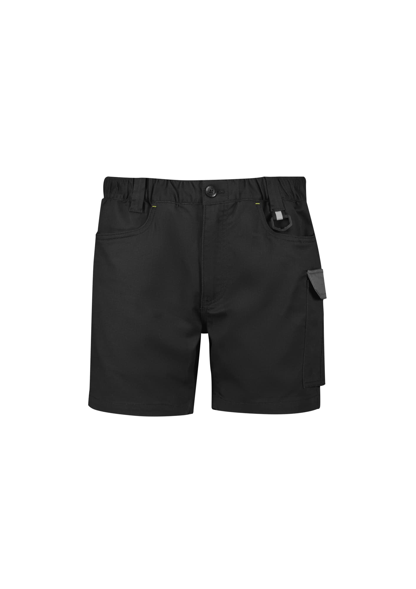Men's black rugged cooling stretch shorts with pockets and a logo. Designed for durability and comfort in workwear.