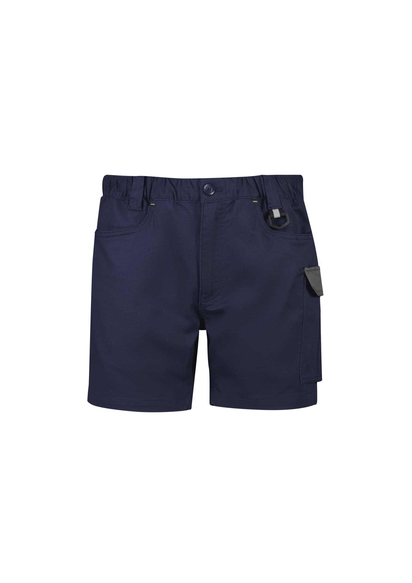 Navy blue men's shorts with a cooling stretch fabric, featuring multiple pockets and an adjustable waistband.