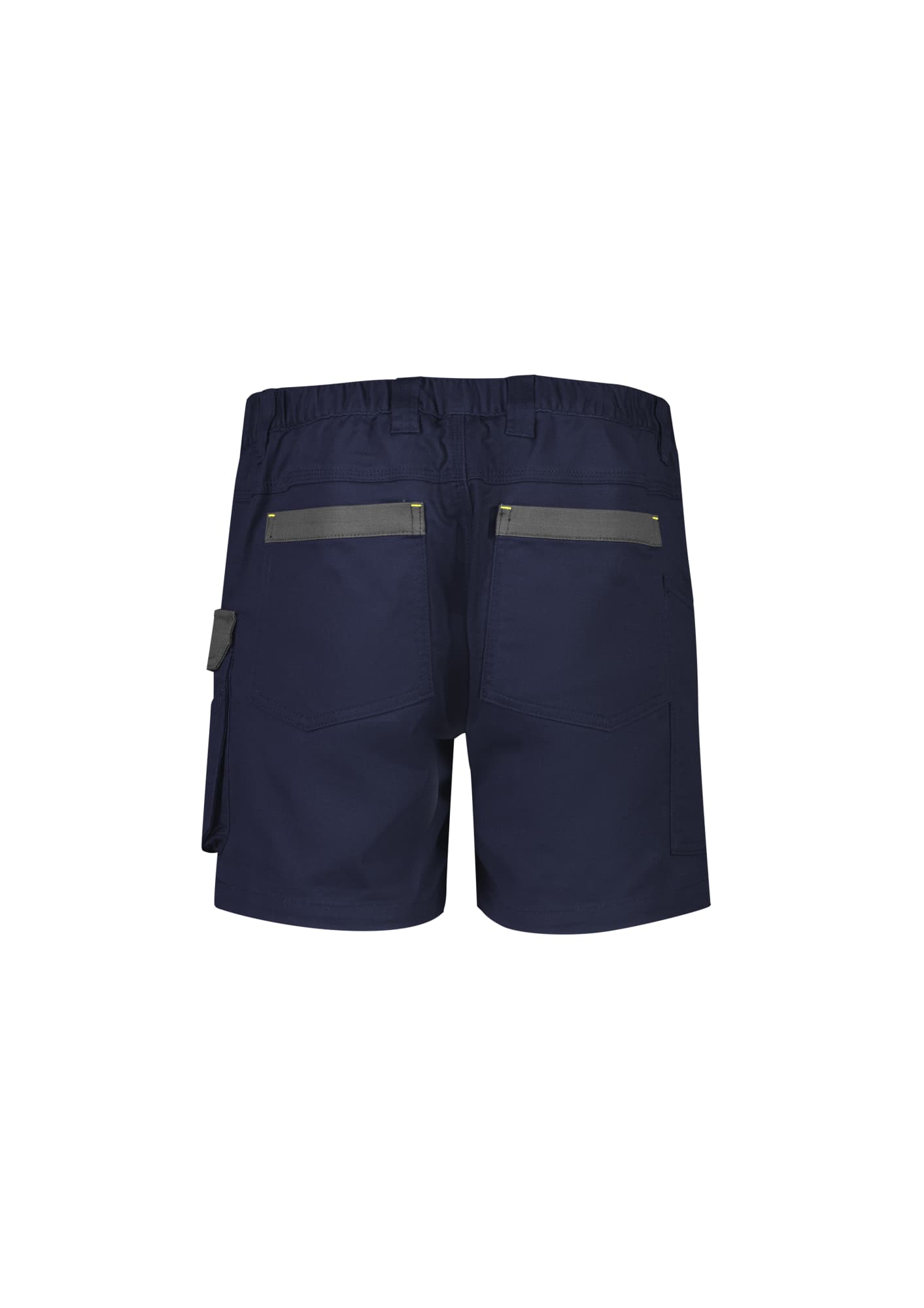 Men's rugged shorts in navy blue with multiple pockets and a logo; designed for workwear.