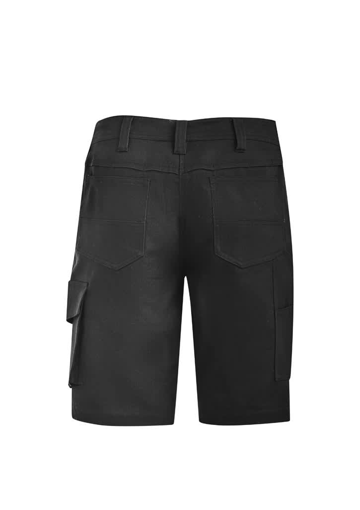 Black women's rugged cooling vented shorts with multiple pockets and a logo on the back.