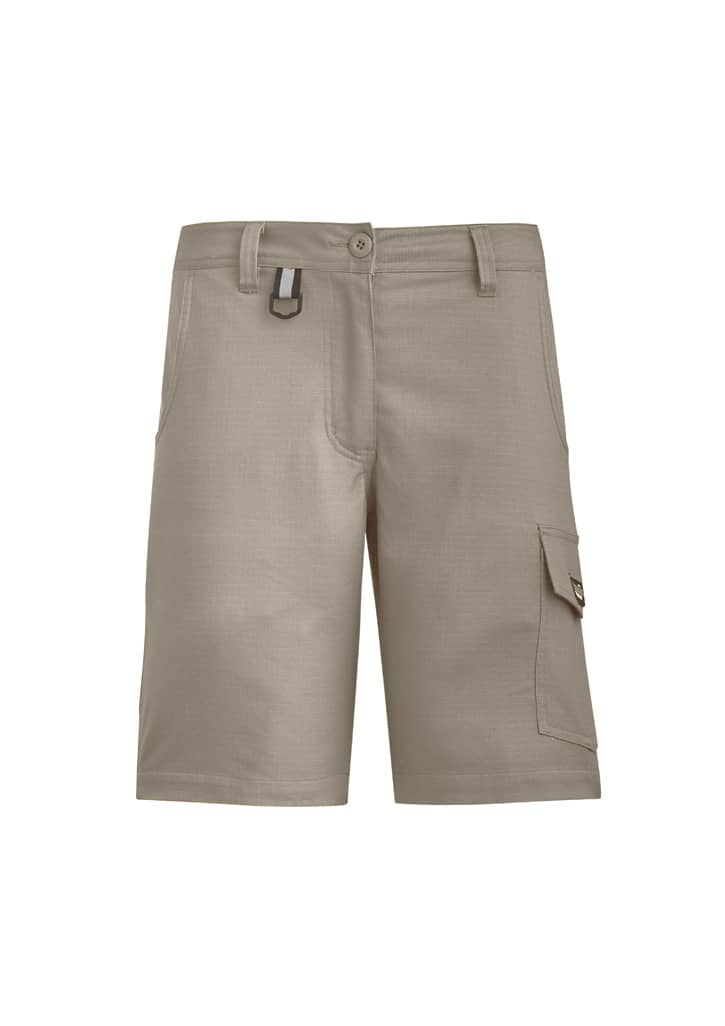 A pair of women's rugged cooling vented shorts in khaki, featuring a side cargo pocket and a logo.