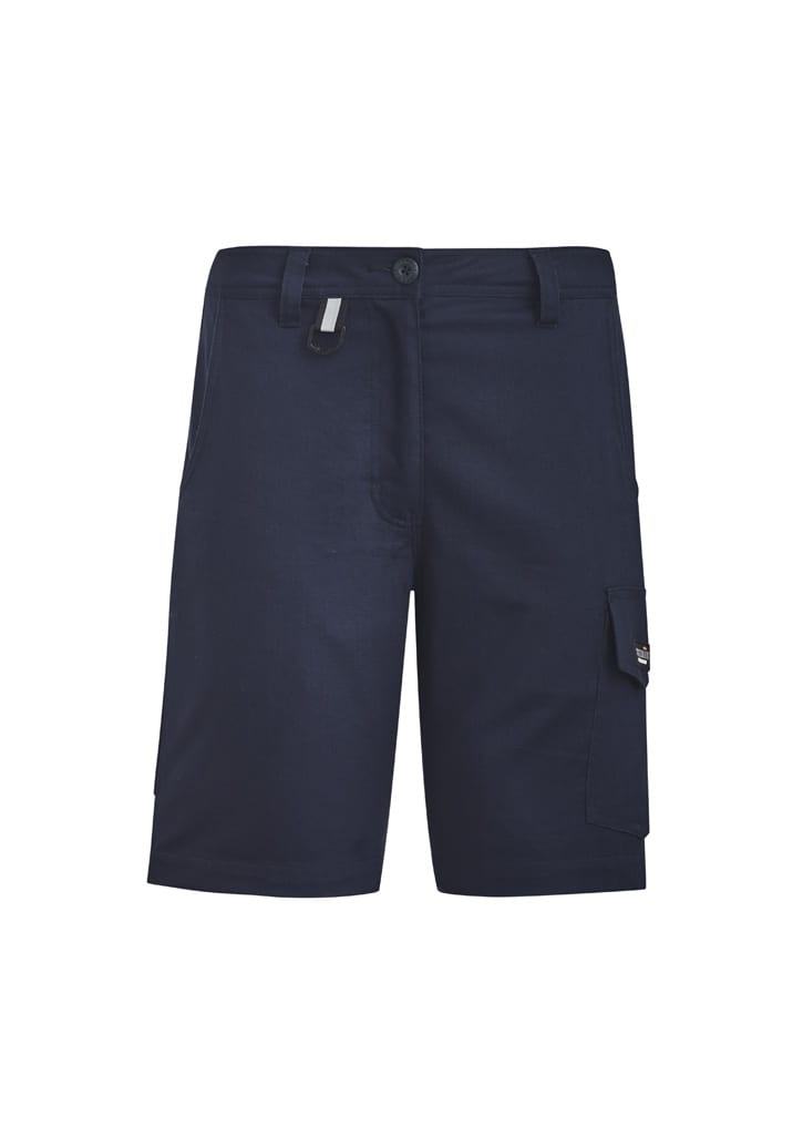 Navy work shorts with a cargo pocket and a logo. Designed for rugged use with vented features.