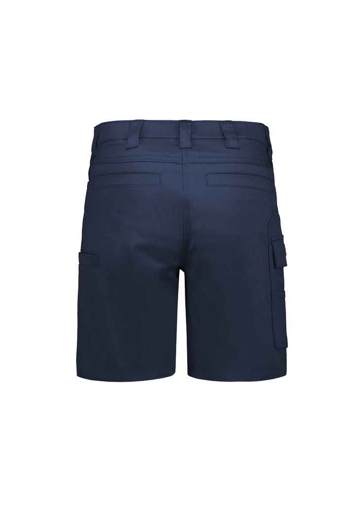 Navy women's essential stretch cargo shorts, featuring multiple pockets and a fitted design. Includes branding.