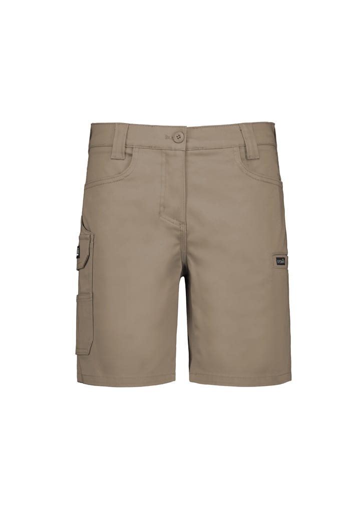 A pair of women's essential stretch cargo shorts in a light tan colour, featuring side pockets and a button closure.