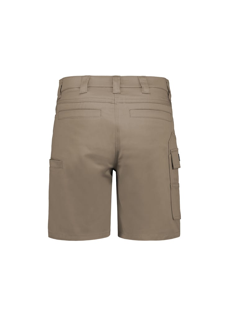 A pair of women's cargo shorts in khaki, featuring multiple pockets and a fitted design. The shorts have a logo.