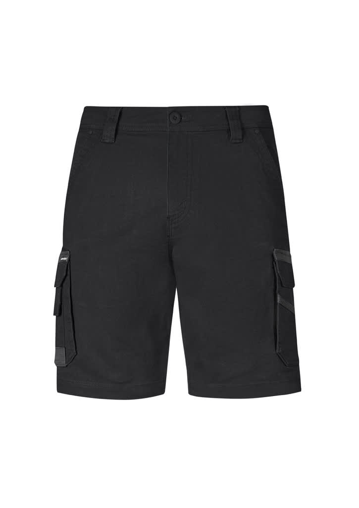 Black cargo shorts with multiple pockets and a waistband, featuring a logo. Suitable for workwear or casual wear.