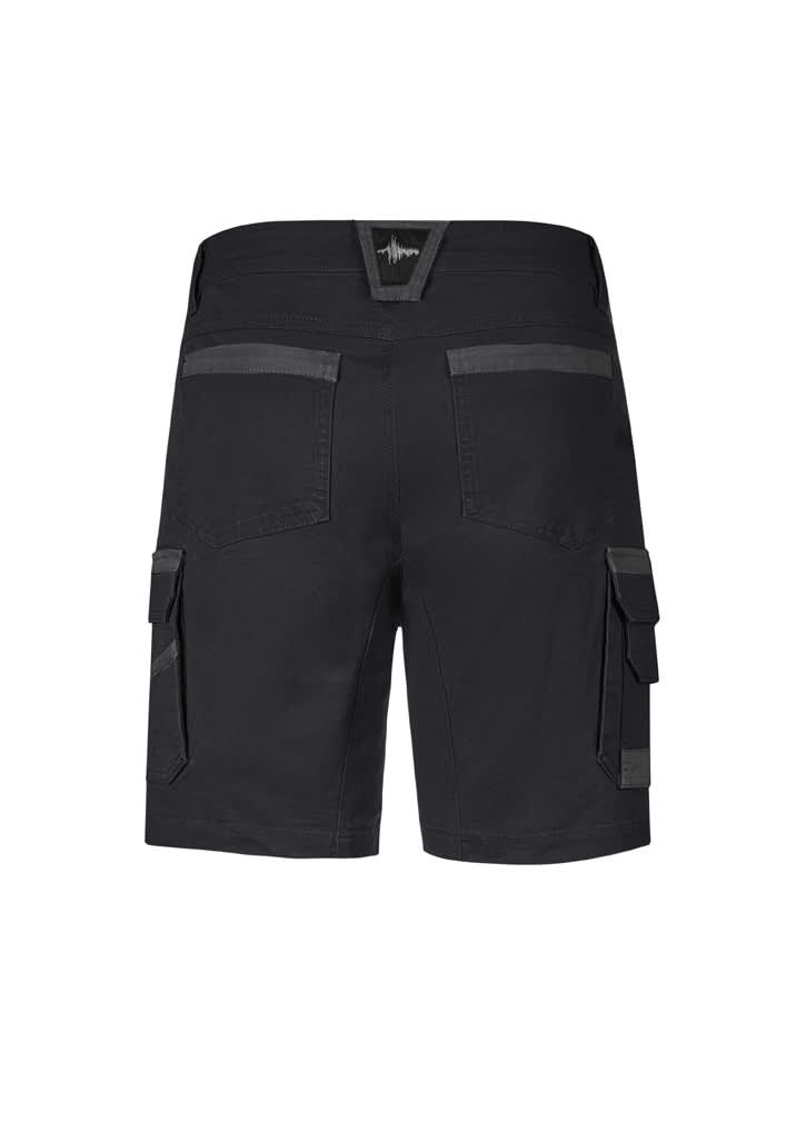 Men's work shorts in black with cargo pockets and a feature logo on the back. Designed for durability and functionality.