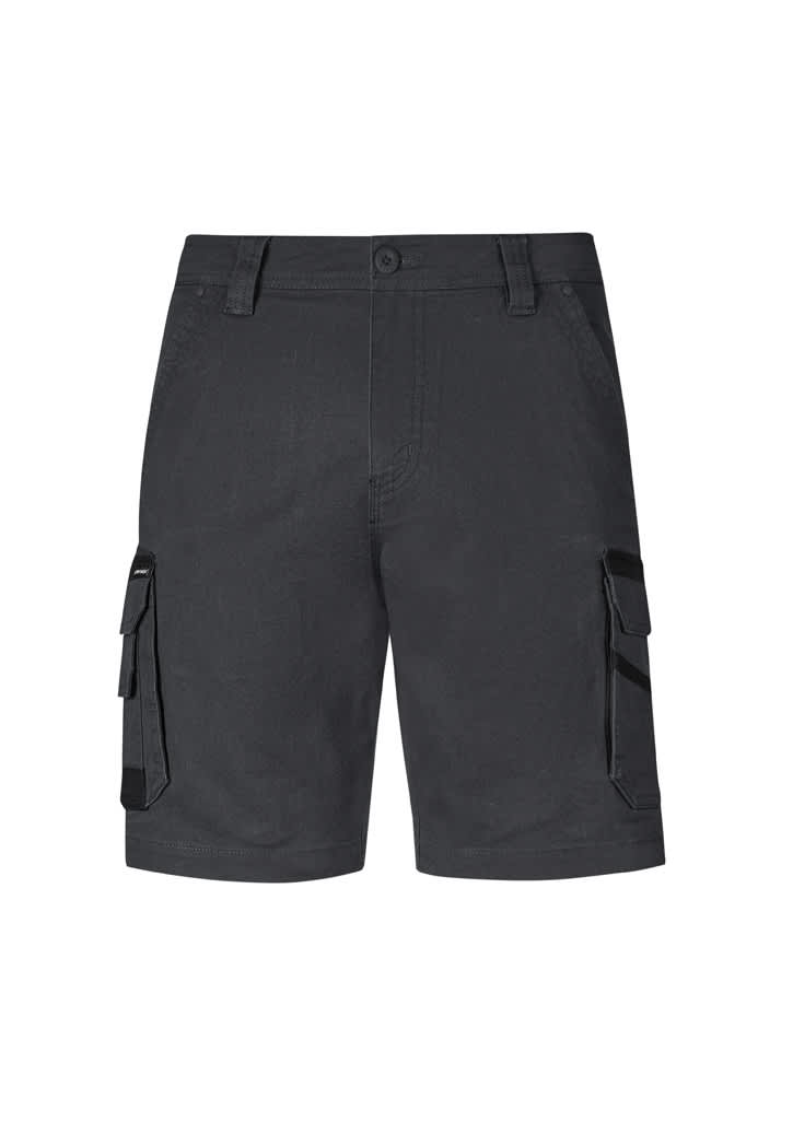 Dark grey men's shorts with cargo pockets and a button closure, featuring a branded logo.
