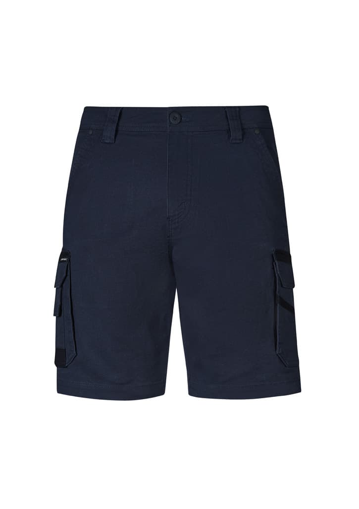 Navy blue cargo shorts featuring multiple side pockets and a front button closure. Includes a logo on the waistband.