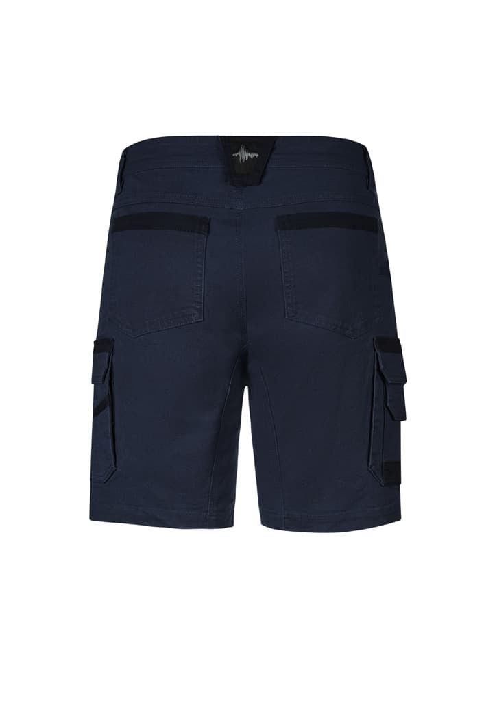 Navy men's shorts featuring cargo pockets and a logo at the waistband, designed for workwear purposes.