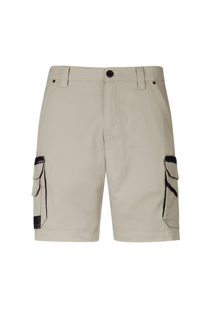 Beige work shorts with side cargo pockets and a logo. Suitable for outdoor use and practical wear.