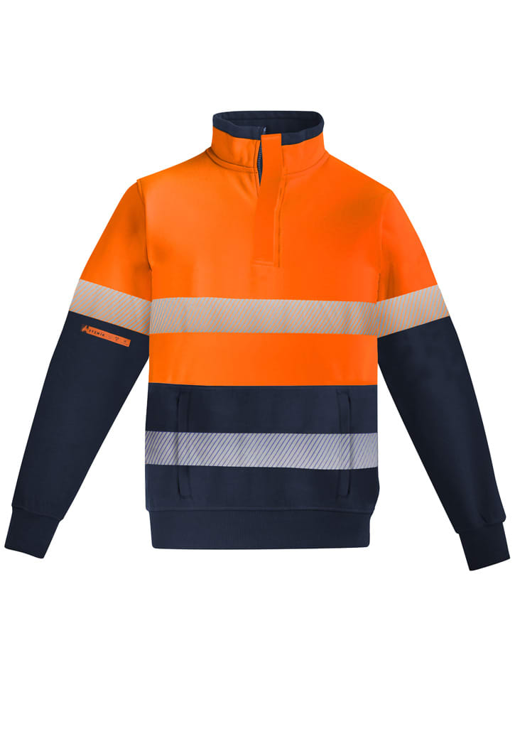 An orange and navy fleece pullover featuring a 1/4 zip and hoop-taped reflective stripes. It has a logo on the sleeve.