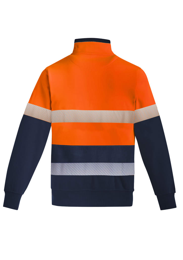 Hi-vis orange and navy fleece pullover with hoop tape detailing and a high collar. Includes a logo on the garment.