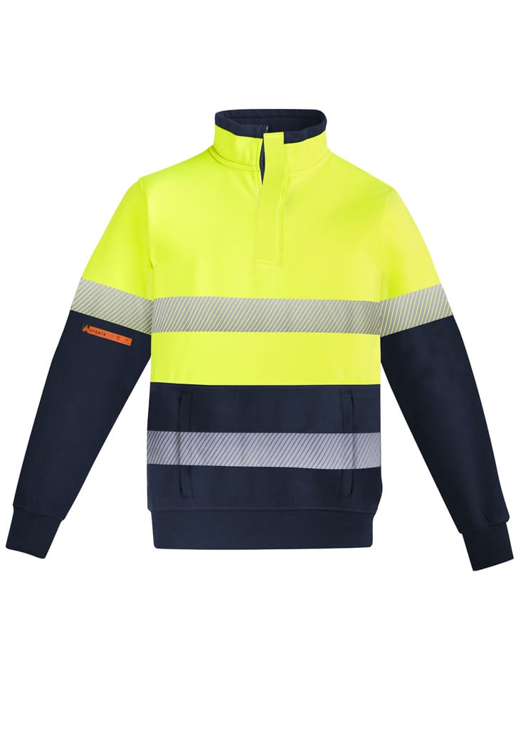 A fluorescent yellow and navy pullover with reflective hoop tape, featuring a quarter zip design and branding.