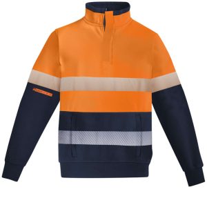 Men's hi-vis pullover featuring an orange upper and navy lower with hoop-taped reflective stripes and a zip.
