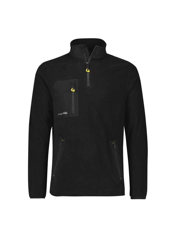 A black unisex polar fleece pullover with a quarter zip and multiple zippered pockets. It features a logo.