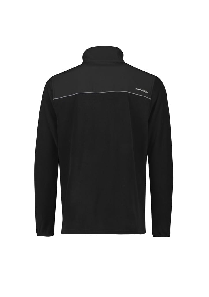 A black unisex lightweight 1/4 zip polar fleece with long sleeves and a rear view, featuring a logo.