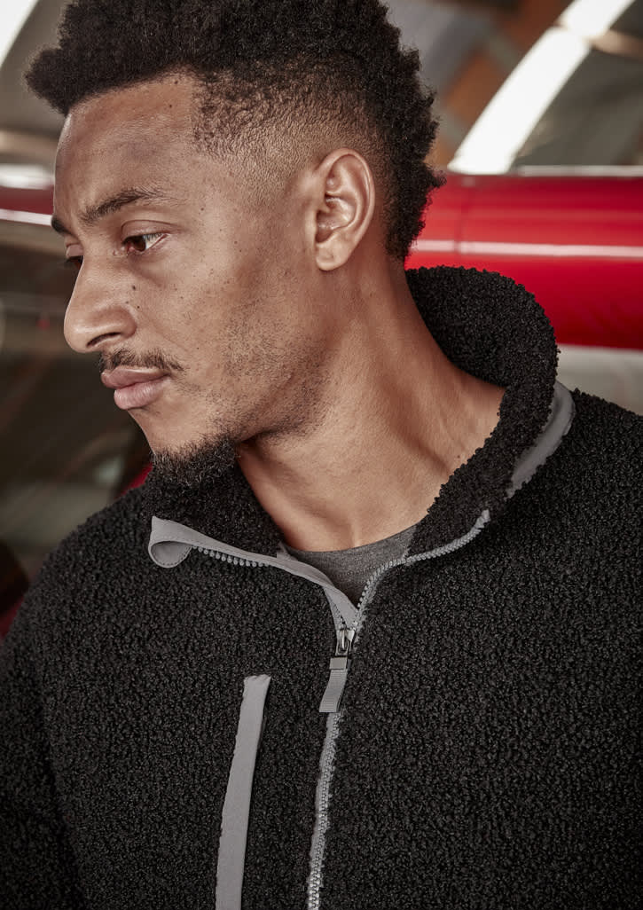 Unisex streetworx full zip sherpa fleece in black, featuring a high collar and a zip closure. Includes branding.