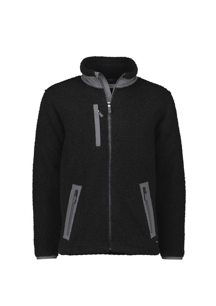 A black unisex full zip sherpa fleece jacket with grey accents and multiple zippered pockets.