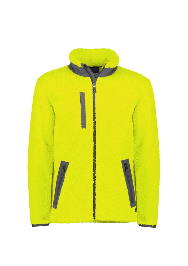 A bright yellow unisex fleece jacket with a full zip and grey accents, featuring zippered pockets and a stand-up collar.