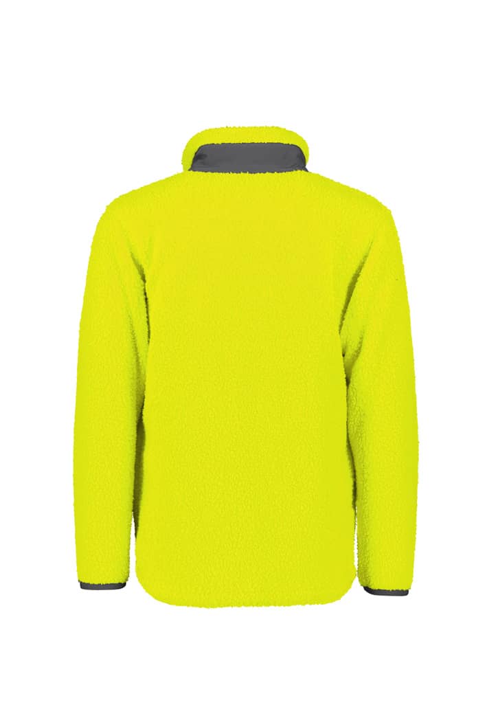 A bright yellow unisex full zip sherpa fleece jumper with a grey collar and cuffs, featuring a logo.