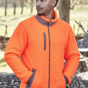 Unisex Streetworx Full Zip Sherpa Fleece in bright orange with dark accents and a zippered front, featuring pockets.