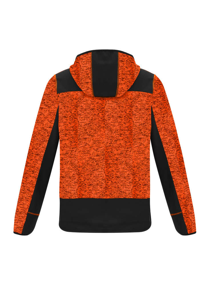 A reinforced knit hoodie in orange and black, featuring a hood and a logo.