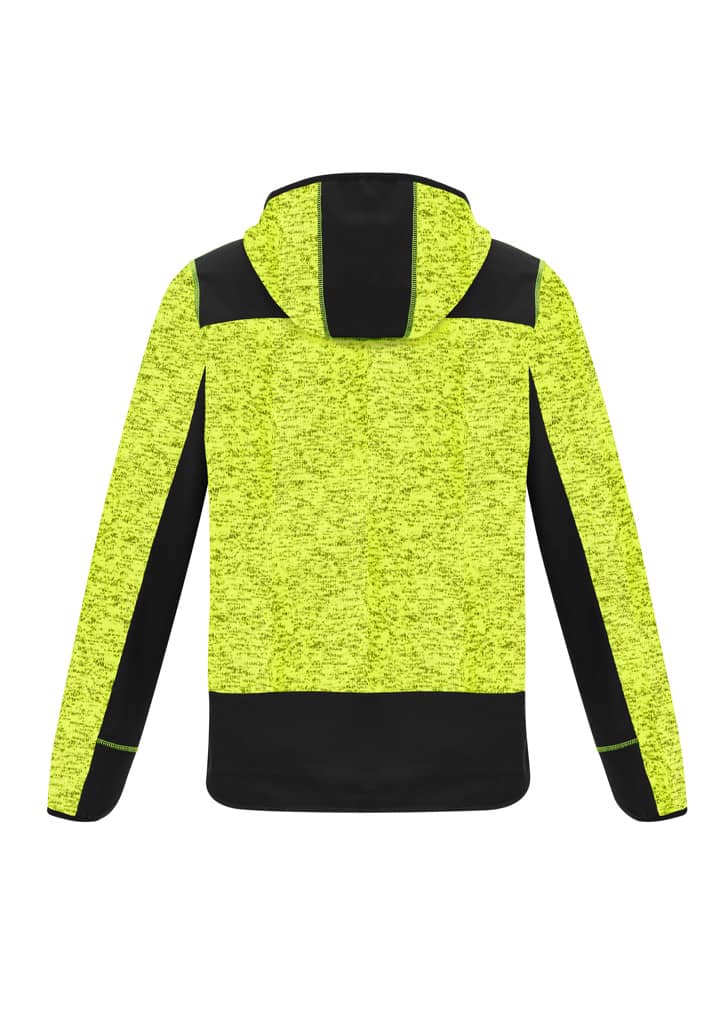 A bright yellow and black unisex hoodie featuring a reinforced knit design and a hood. It includes branding.