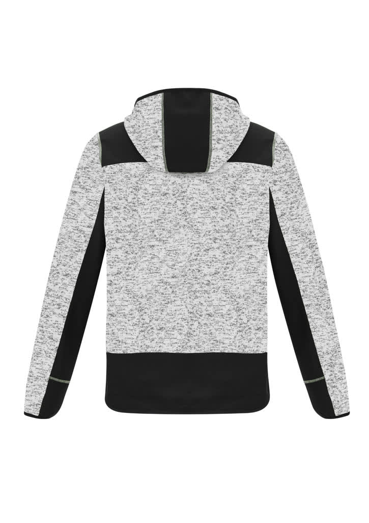 A unisex hoodie featuring a grey flecked design with black accents and a hood. It has a branding logo.