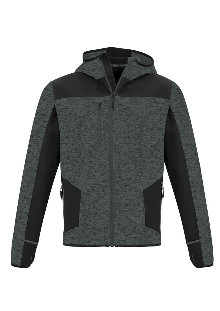 A green and black unisex reinforced knit hoodie with a zippered front and side pockets. Features branding on the design.