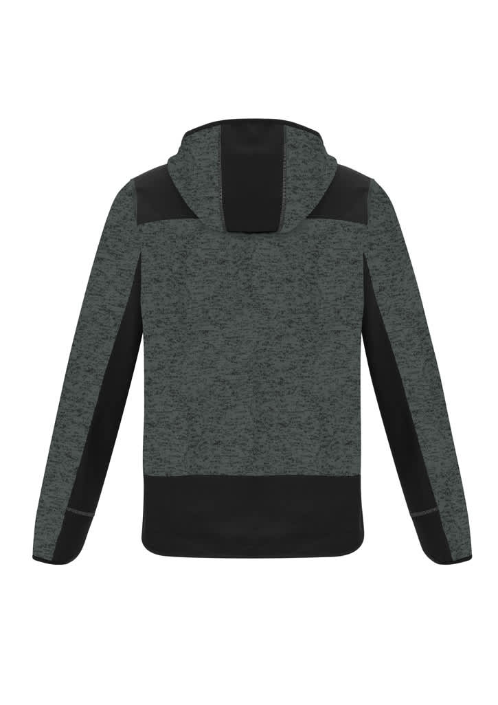 A grey and black unisex reinforced knit hoodie with a hood, featuring contrasting panels and a logo.