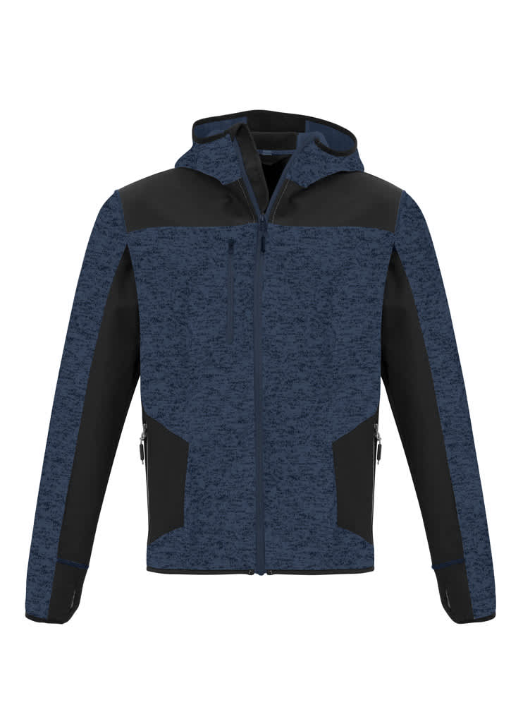 A unisex hoodie in navy blue with black accents, featuring a hood and zippered pockets. It has a logo on it.