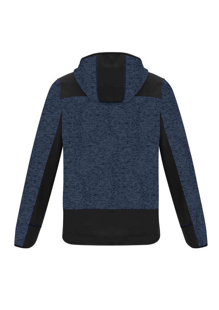 A unisex streetwear hoodie in dark blue with black accents and a hood. The back view features a logo.