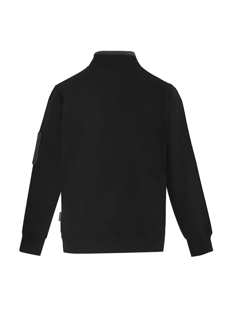 A unisex black 1/4 zip brushed fleece pullover with long sleeves and a logo on the side.
