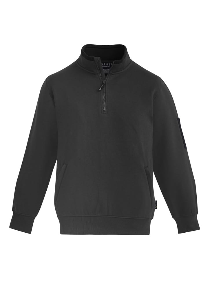 A black unisex 1/4 zip brushed fleece pullover featuring long sleeves and a zippered collar. The pullover has a logo.