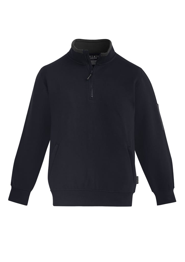 A unisex black 1/4 zip brushed fleece pullover featuring long sleeves and a logo detail.