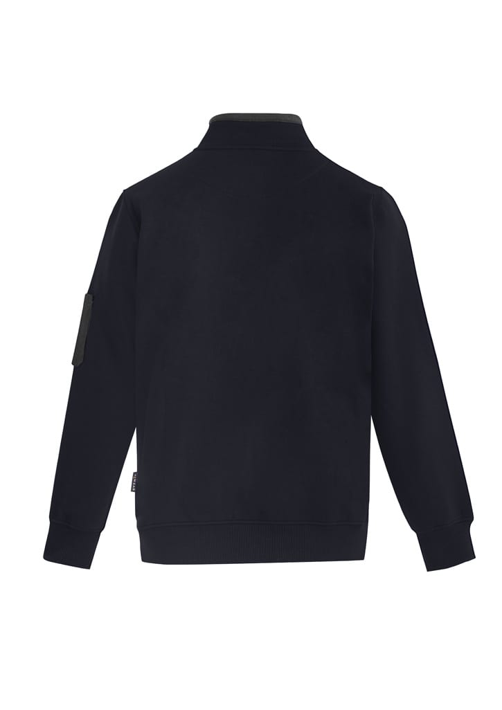 A unisex black 1/4 zip brushed fleece pullover featuring a grey collar and a logo on the sleeve.