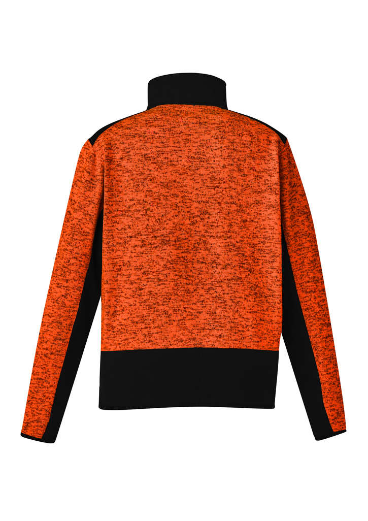 A unisex 1/2 zip pullover in orange with black detailing, featuring a logo on the back.