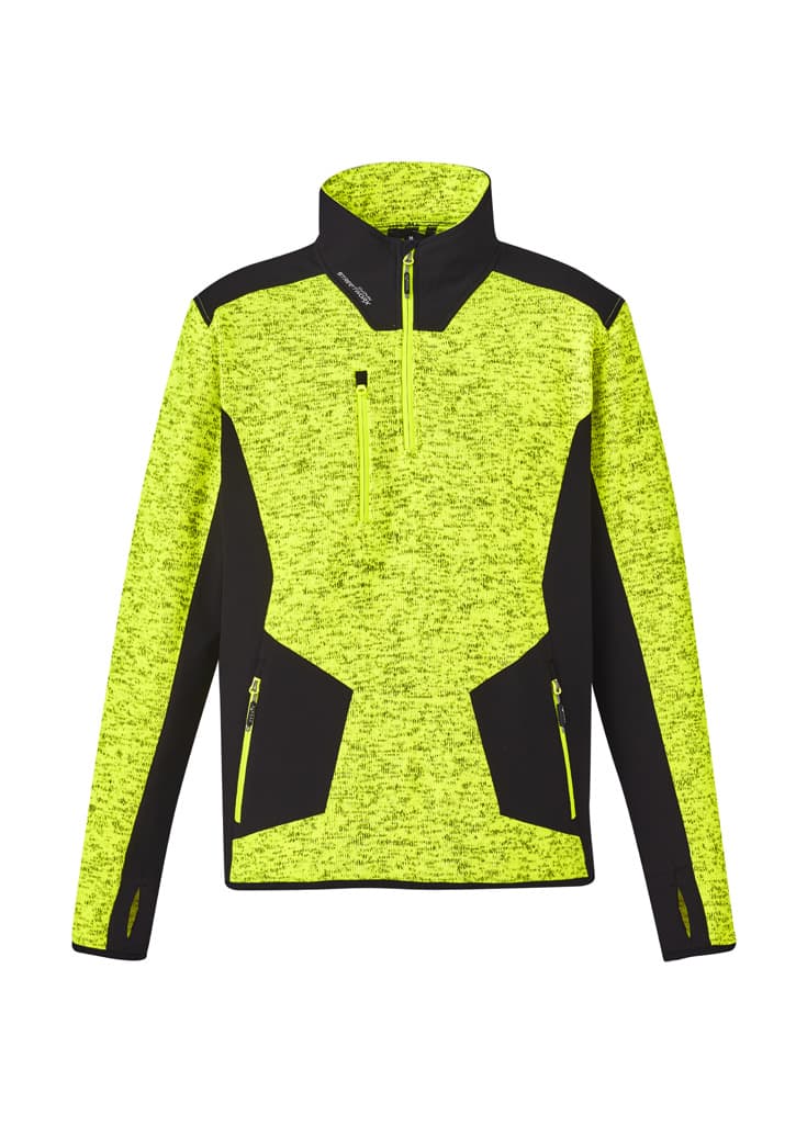 A bright yellow Unisex Streetworx Reinforced Knit 1/2 Zip Pullover with black accents and a zippered pocket.
