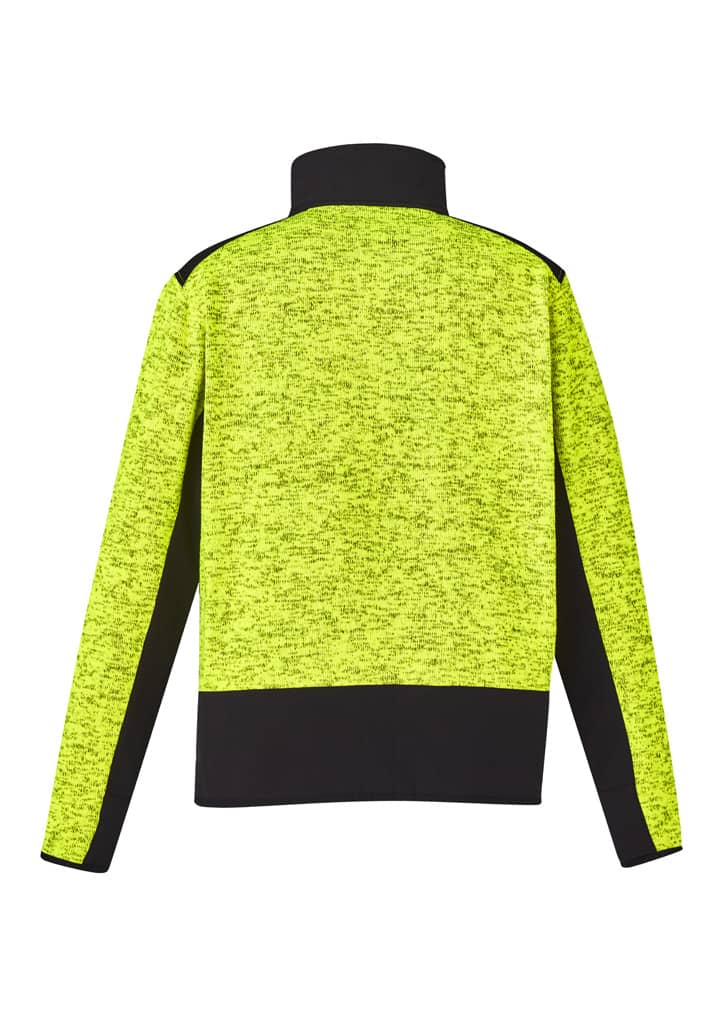 A bright yellow and black unisex half-zip pullover with a textured design and a logo on the back.