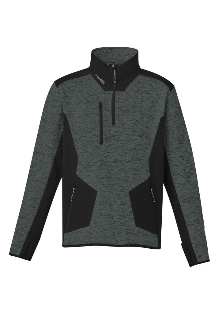 A green and black unisex pullover featuring a half zip, reinforced knit fabric, and has a logo.
