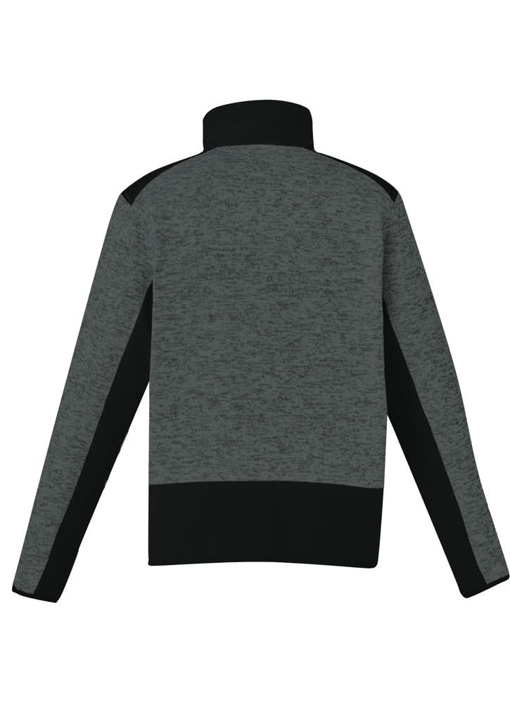 A grey and black unisex pullover with a half zip and reinforced knit design, featuring a back view.