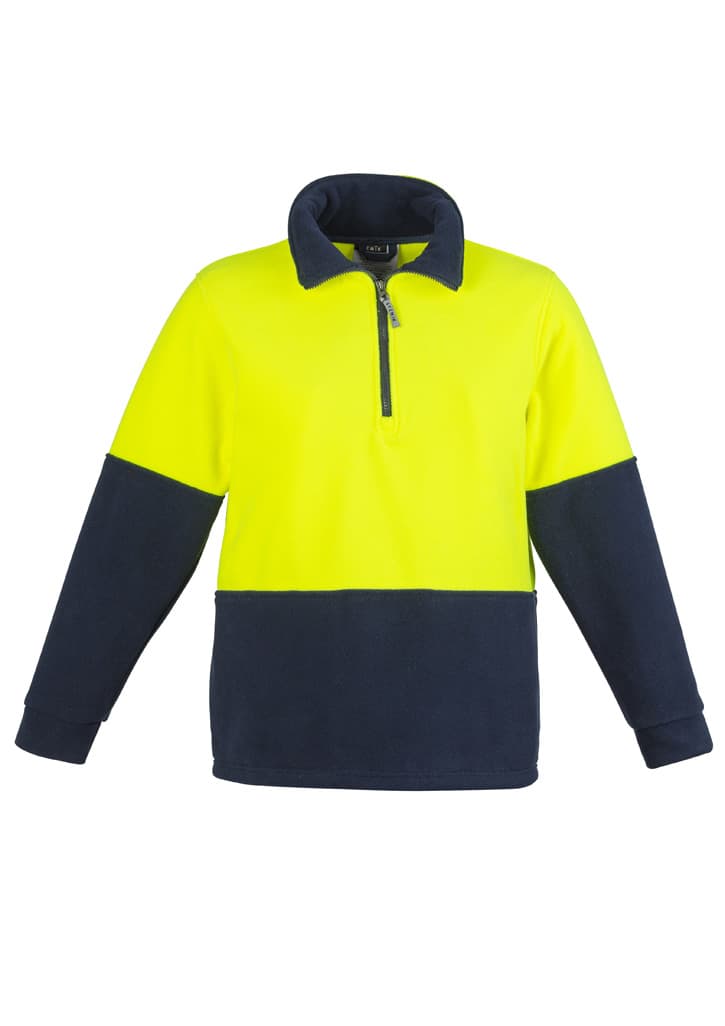 A unisex hi-vis polar fleece pullover featuring a bright yellow upper and navy lower, complete with a half-zip collar.