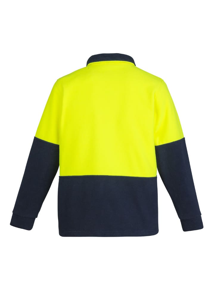 A unisex hi-vis 1/2 zip polar fleece pullover in bright yellow and navy, featuring a logo.