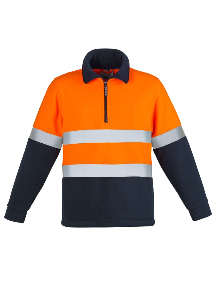 A unisex polar fleece pullover in orange and navy, featuring hoop-taped reflective strips and a quarter zip.