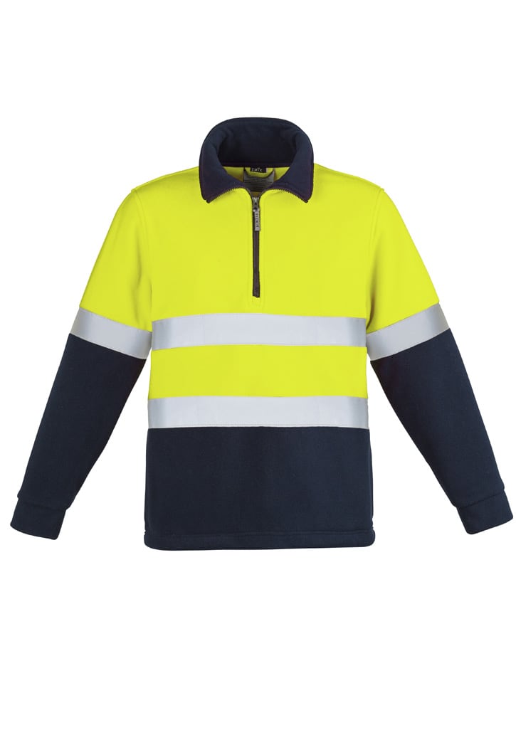 A unisex high-visibility polar fleece pullover in bright yellow with navy blue accents and reflective hoop taping.