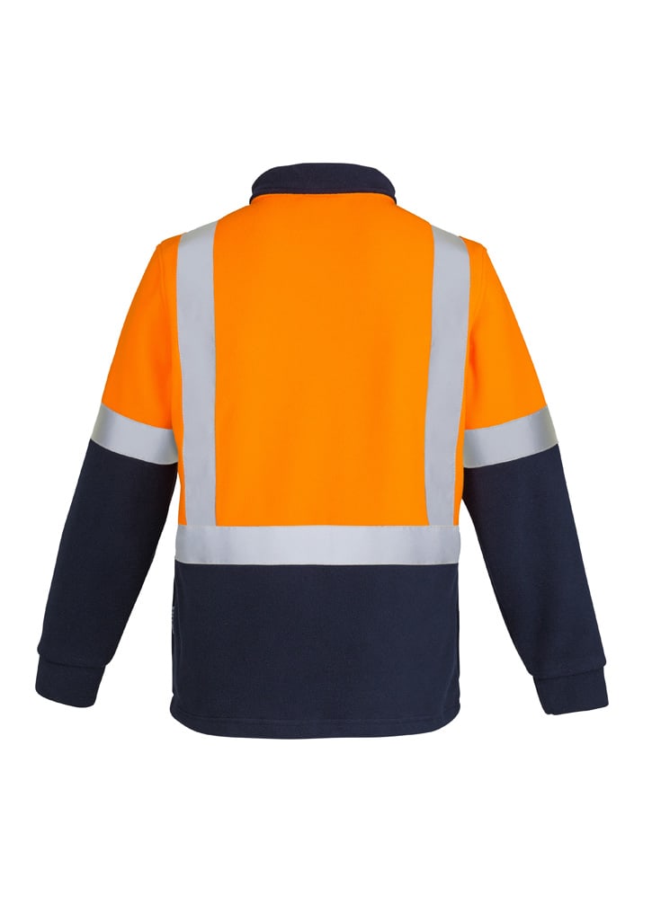 Unisex hi-vis polar fleece pullover featuring fluorescent orange and navy, with shoulder tape and a logo.