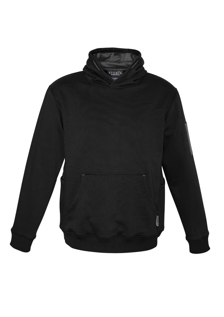 A black unisex multi-pocket hoodie with a front pouch, a high collar, and a logo on the sleeve.
