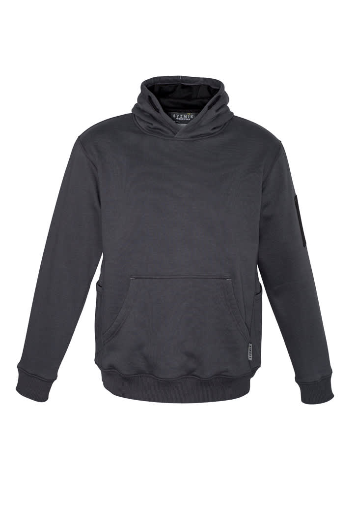 A unisex multi-pocket hoodie in dark grey featuring a front pocket and a logo on the sleeve.