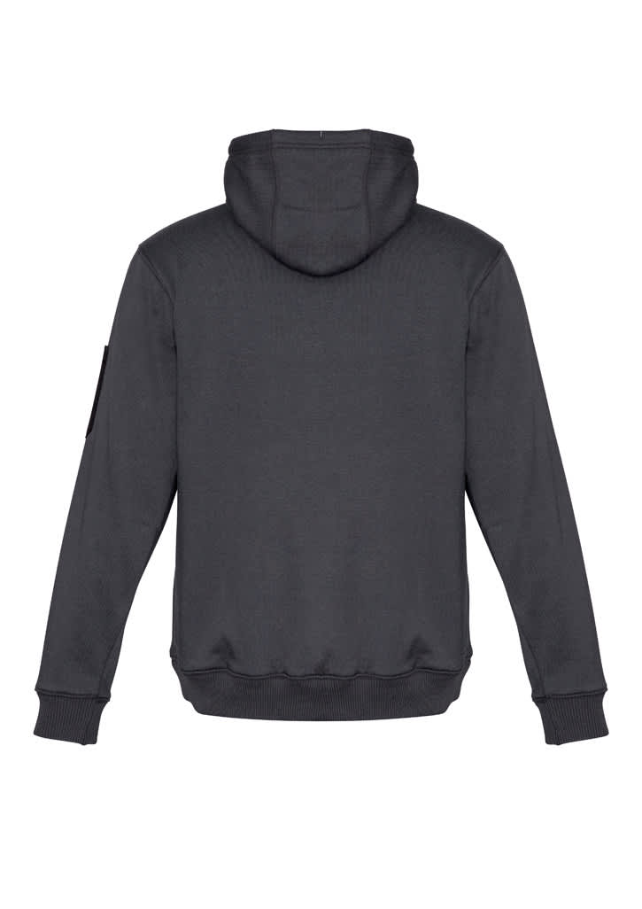A black unisex multi-pocket hoodie featuring a hood and ribbed cuffs. It has a logo on one sleeve.
